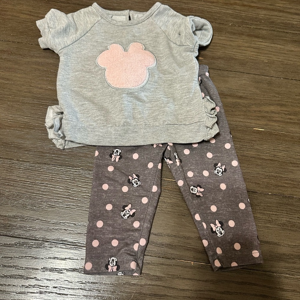 Sz 3/6month Disney Baby Gray and Pink Baby Outfit with Minnie Mouse Design